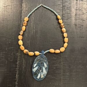 Unique Inlayed Oval Chunky Large Charm Wood Beaded Boho Necklace Navajo​​​​​​​